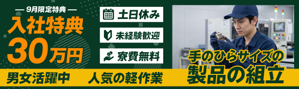 8月限定｜入社特典30万円｜土日休み｜未経験歓迎｜寮費無料｜男女活躍中｜人気の軽作業｜手のひらサイズの製品の組立