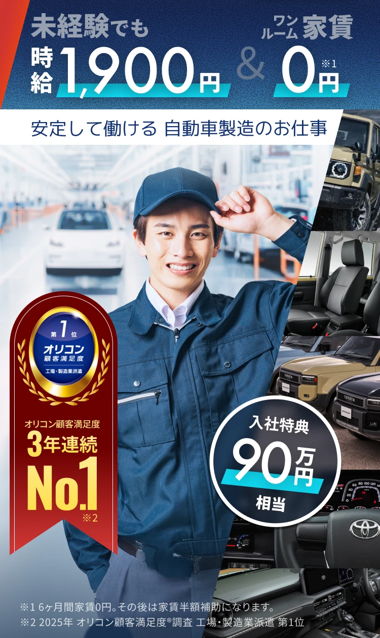 未経験でも時給1,900円＆ワンルーム家賃0円 ※1 安定して働ける 自動車製造のお仕事 オリコン顧客満足度3年連続 No.1※2 入社特典90万円相当 ※1 6ヶ月間家賃0円。その後は家賃半額補助になります。※2 2025年 オリコン顧客満足度®調査 工場・製造業派遣 第1位